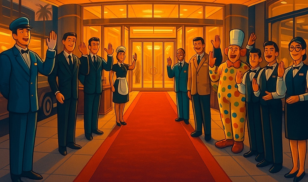 A welcoming red carpet scene outside a glittering Vegas resort entrance, flanked by smiling staff in uniforms, ready to greet visitors to TAJ.VEGAS.