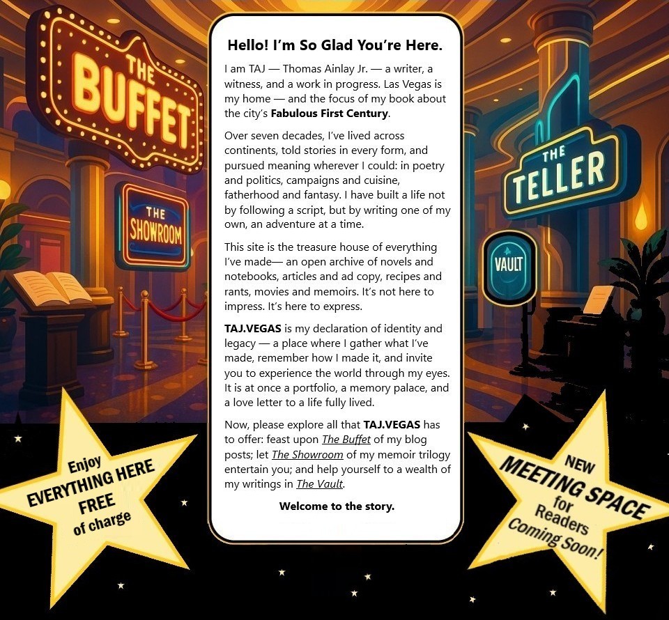 A vibrant digital corridor featuring neon-style signs pointing to TAJ.VEGAS attractions — The Buffet, The Showroom, The Vault, and The Teller — each glowing against a stylized retro casino backdrop.