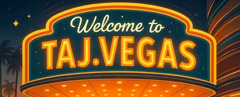 Large, brightly lit marquee announces "Welcome to TAJ.VEGAS"